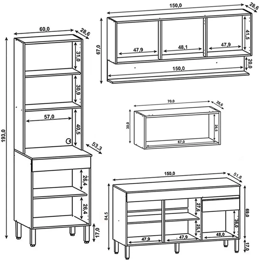 Armário de Cozinha 4 peças Balcão sem Tampo 150cm Lina14 Z06 Supremo/Freijó - Mpozenato