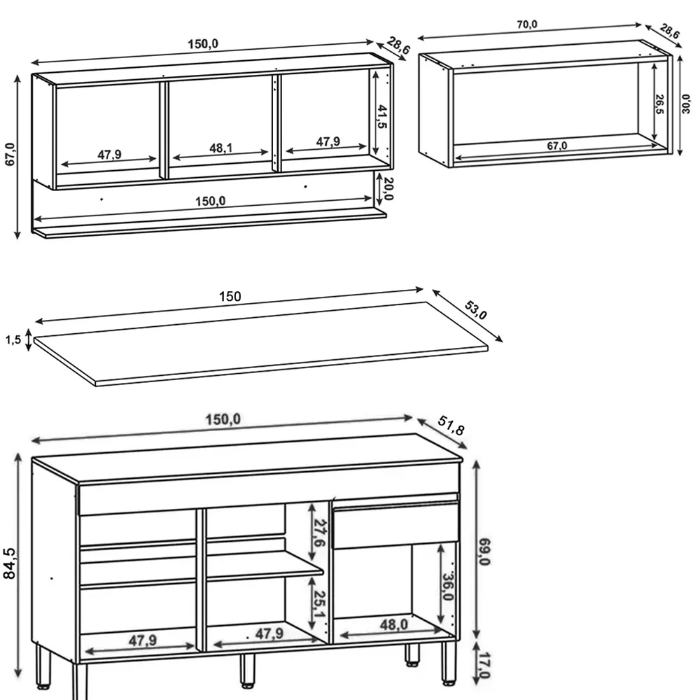 Armário de Cozinha 3 Peças Balcão com Tampo 150cm Lina15 Z06 Supremo/Freijó - Mpozenato