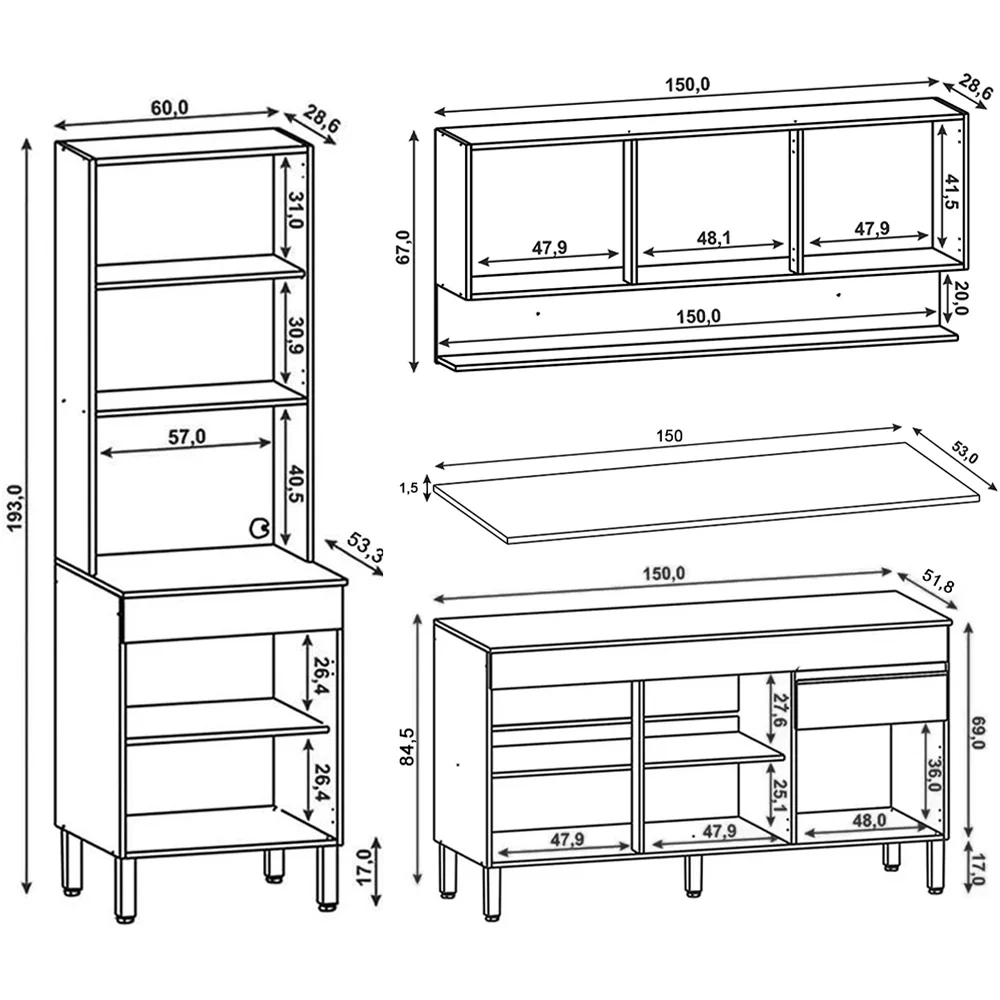 Armário de Cozinha 3 Peças Balcão 150cm com Tampo Lina16 Z06 Supremo/Freijó - Mpozenato