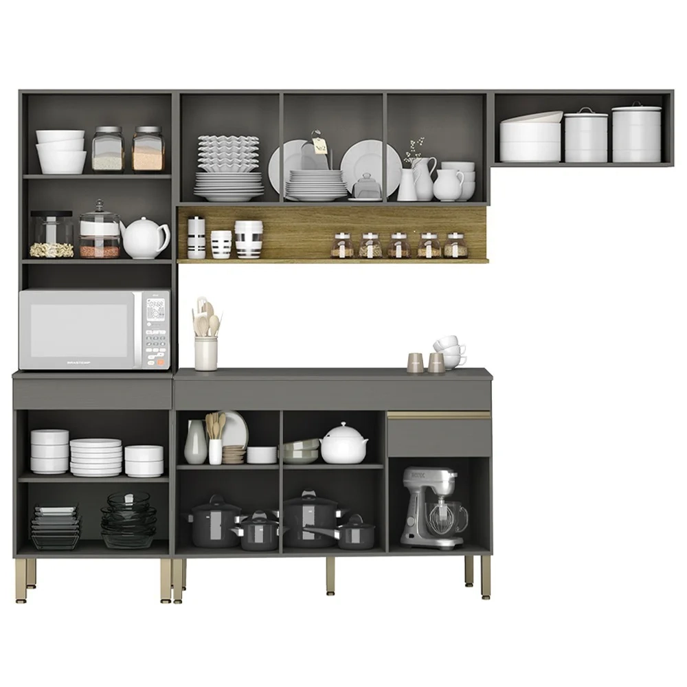 Armário de Cozinha 4 peças Balcão com Tampo 150cm Lina17 Z06 Gris/Freijó - Mpozenato