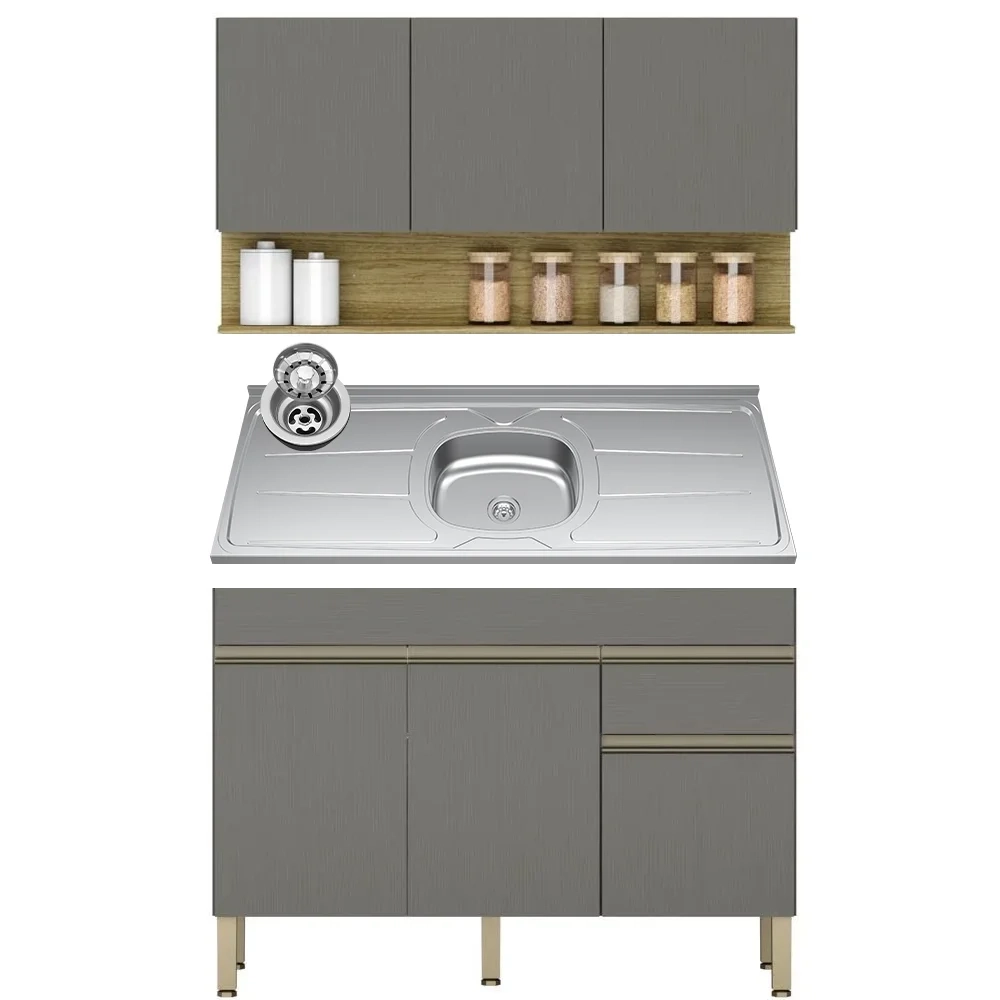 Armário de Cozinha e Balcão com Pia 150cm Lina Z06 Gris/Freijó - Mpozenato