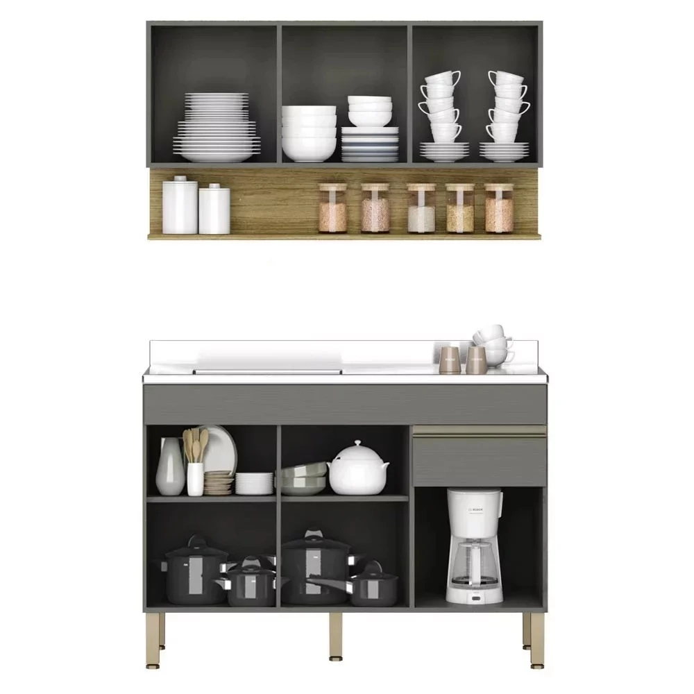 Armário de Cozinha e Balcão com Pia 150cm Lina Z06 Gris/Freijó - Mpozenato