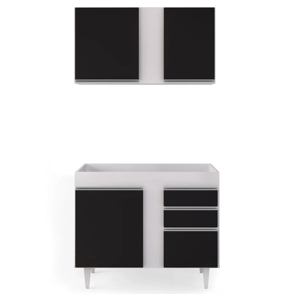 Armário Aéreo Indiana e Balcão Para Pia 100cm Luziania Branco/Preto - Lumil Móveis