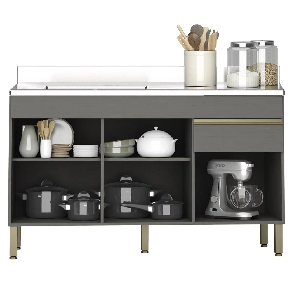 Armário de Cozinha 4 Peças Balcão com Pia 150cm Lina18 Z06 Gris/Freijó - Mpozenato