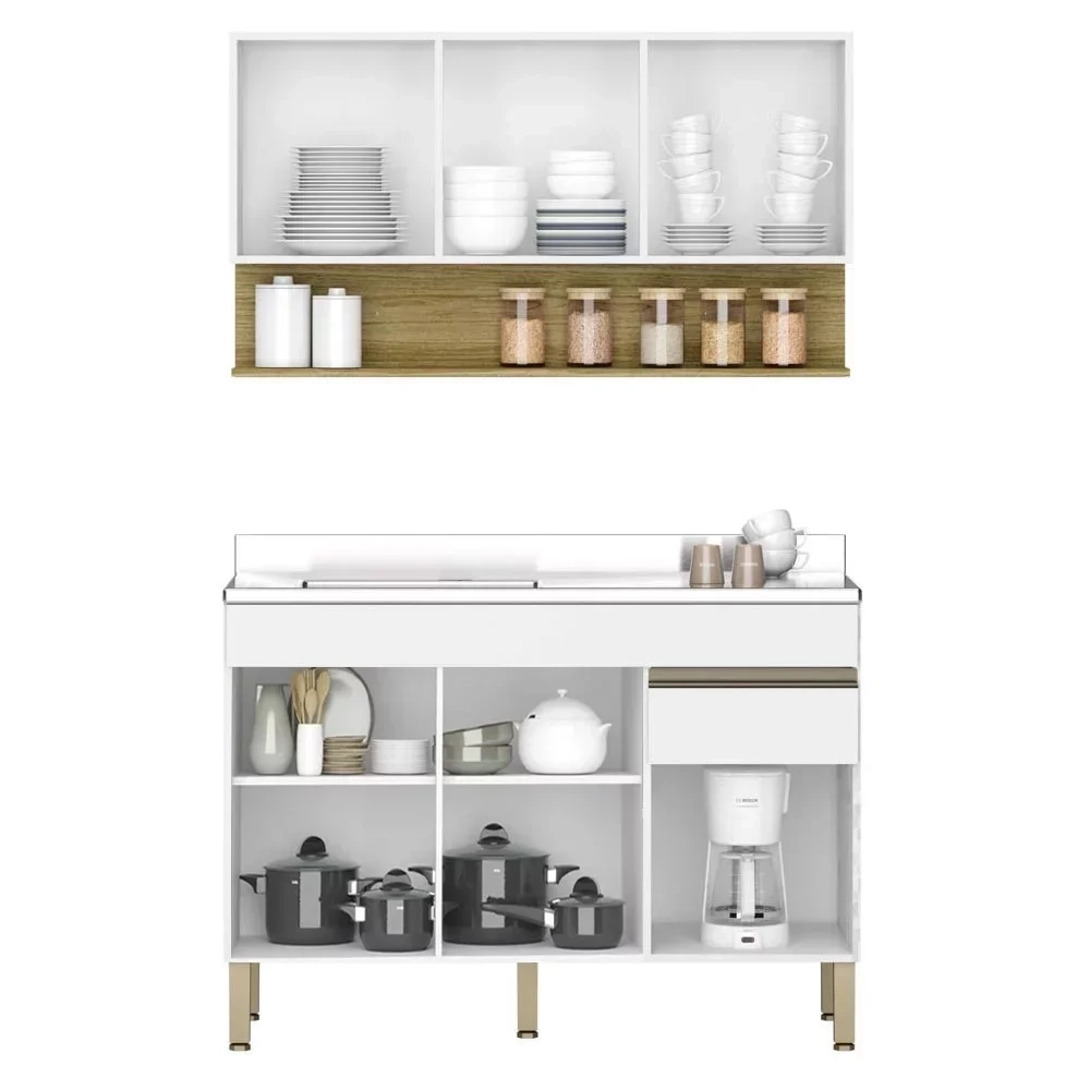 Armário de Cozinha e Balcão com Pia 150cm Lina Z06 Supremo/Freijó - Mpozenato