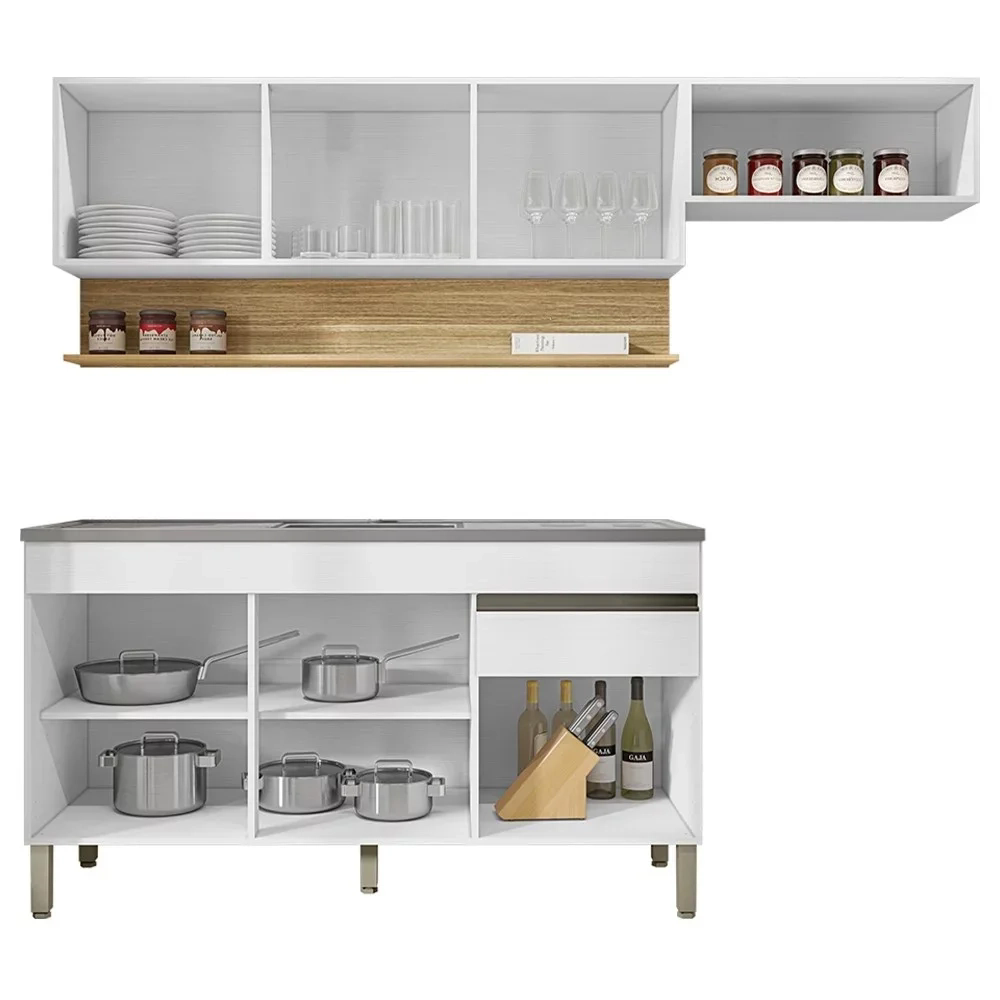 Armário de Cozinha 4 Peças Balcão com Pia 150cm Lina18 Z06 Supremo/Freijó - Mpozenato