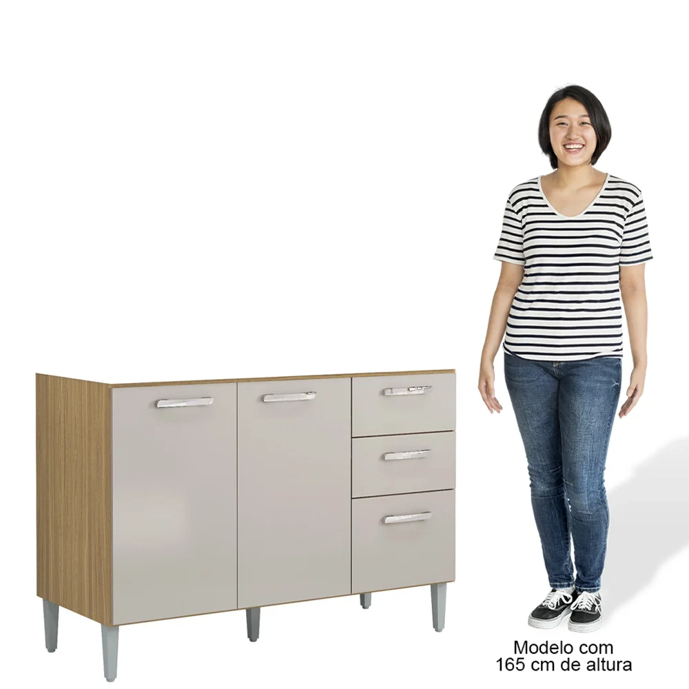 Balcão de Cozinha com Pia Inox 120cm 3 Portas 2 Gavetas Livy Z46 Damasco/Off White - Mpozenato