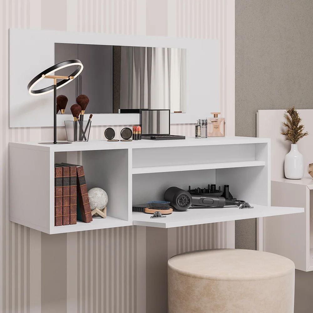 Penteadeira Camarim com Espelho Suspensa 90cm 1 Porta Elle Z34 Branco - Mpozenato