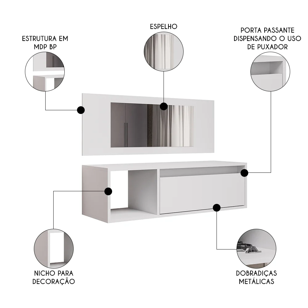 Penteadeira Camarim com Espelho Suspensa 90cm 1 Porta Elle Z34 Branco - Mpozenato