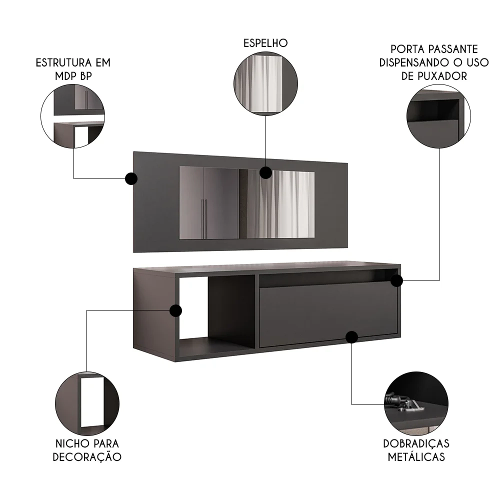 Penteadeira Camarim com Espelho Suspensa 90cm 1 Porta Elle Z34 Preto - Mpozenato