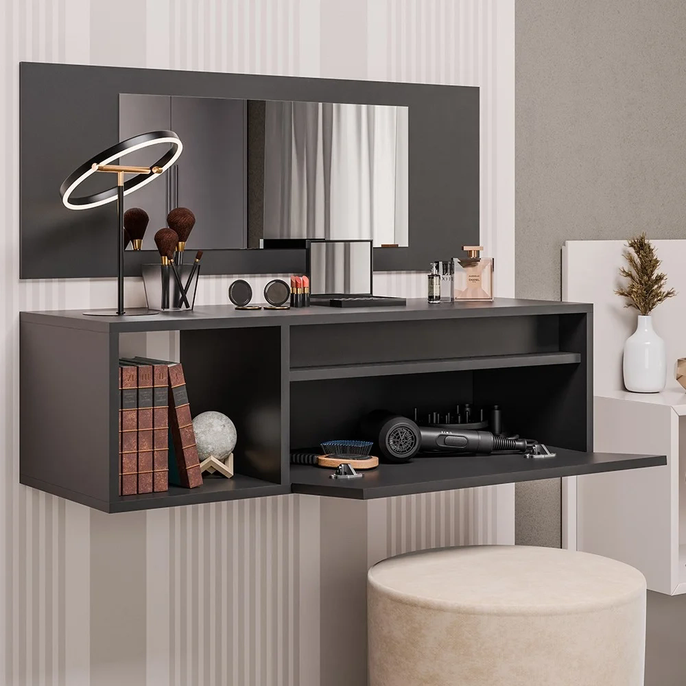 Penteadeira Camarim com Espelho Suspensa 90cm 1 Porta Elle Z34 Preto - Mpozenato