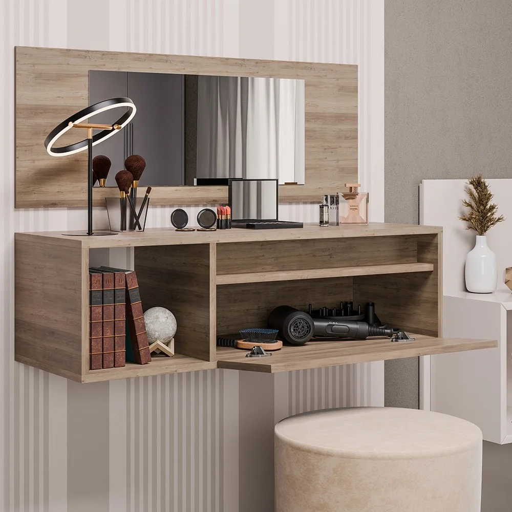 Penteadeira Camarim com Espelho Suspensa 90cm 1 Porta Elle Z34 Freijó - Mpozenato