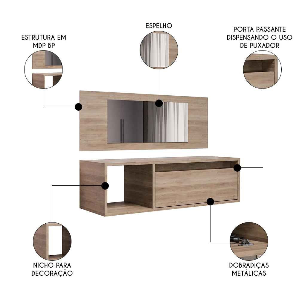 Penteadeira Camarim com Espelho Suspensa 90cm 1 Porta Elle Z34 Freijó - Mpozenato