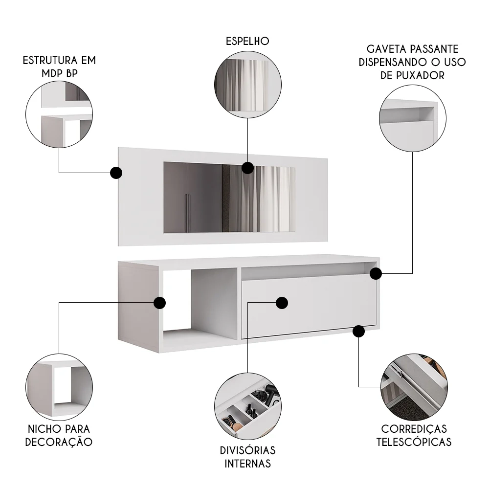 Penteadeira Camarim com Espelho Suspensa 90cm 1 Gaveta Elle Z34 Branco - Mpozenato
