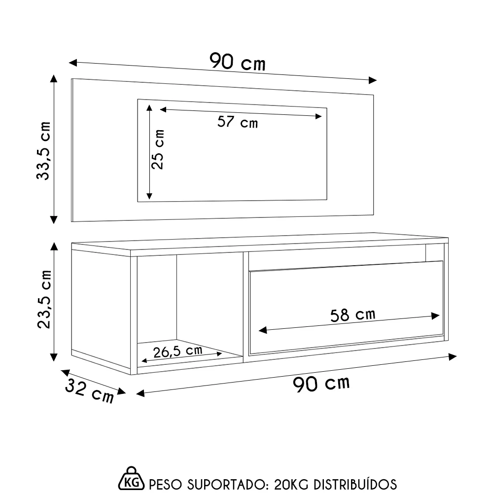 Penteadeira Camarim com Espelho Suspensa 90cm 1 Gaveta Elle Z34 Branco - Mpozenato