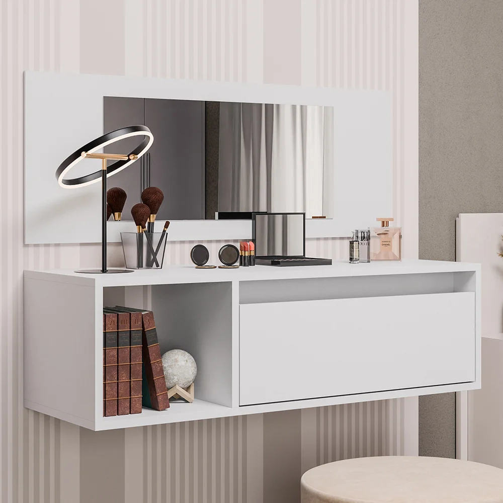 Penteadeira Camarim com Espelho Suspensa 90cm 1 Gaveta Elle Z34 Branco - Mpozenato