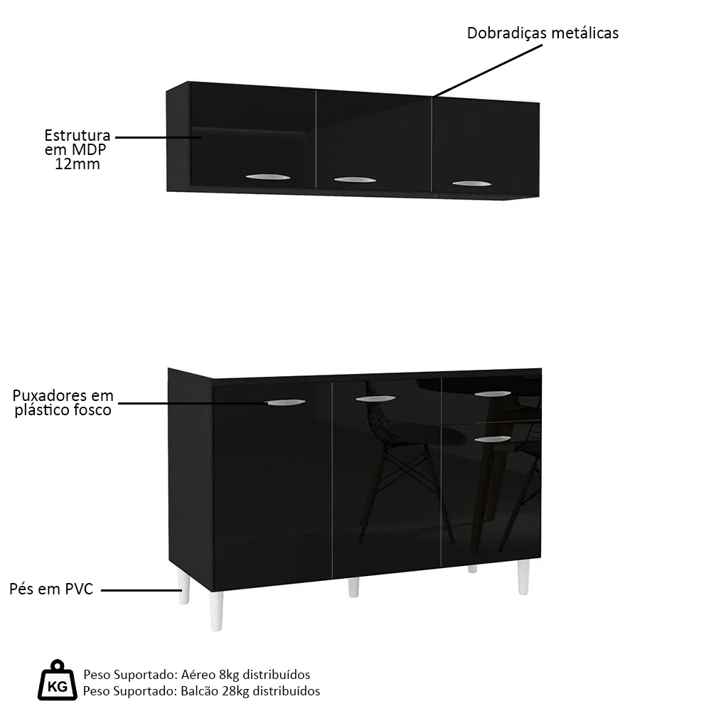 Armário Aéreo com Balcão Gabinete de Pia 120cm sem Tampo Classic Z46 Preto - Mpozenato
