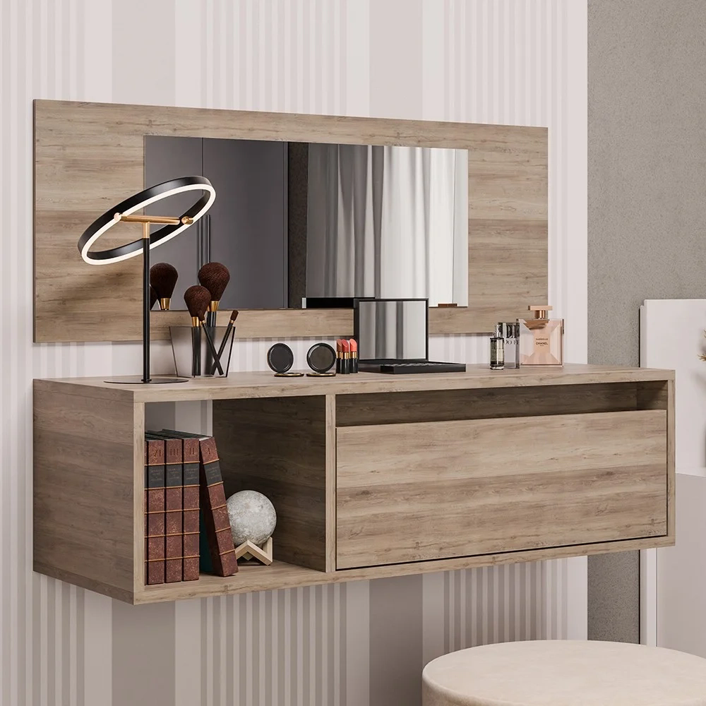 Penteadeira Camarim com Espelho Suspensa 90cm 1 Gaveta Elle Z34 Freijó - Mpozenato