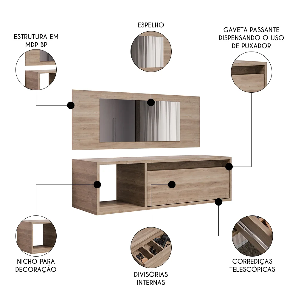 Penteadeira Camarim com Espelho Suspensa 90cm 1 Gaveta Elle Z34 Freijó - Mpozenato