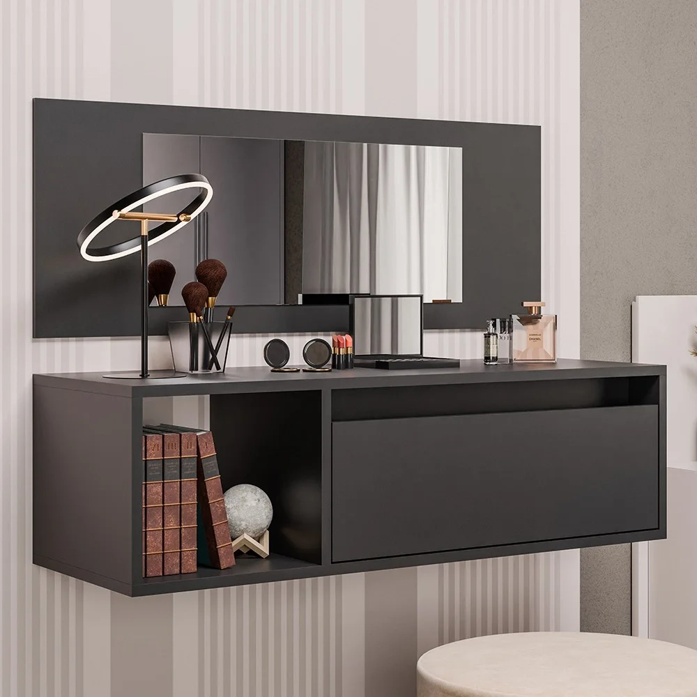 Penteadeira Camarim com Espelho Suspensa 90cm 1 Gaveta Elle Z34 Preto - Mpozenato