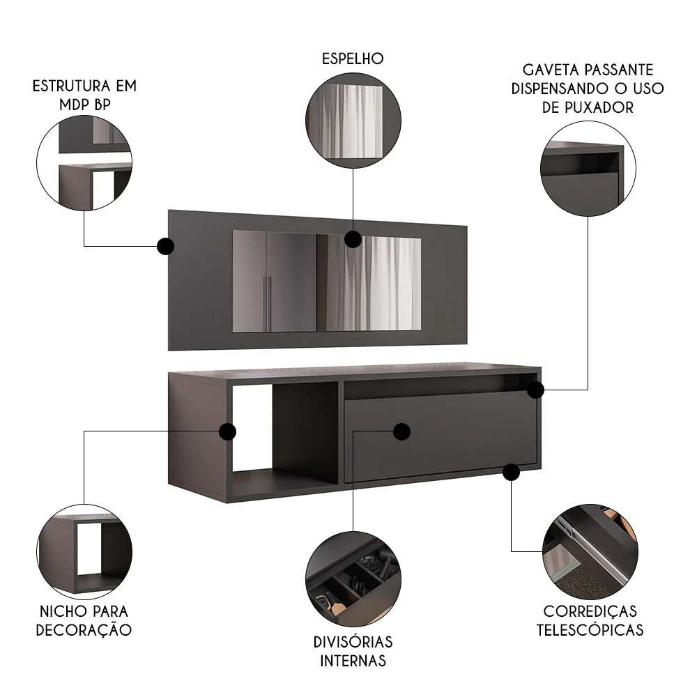 Penteadeira Camarim com Espelho Suspensa 90cm 1 Gaveta Elle Z34 Preto - Mpozenato