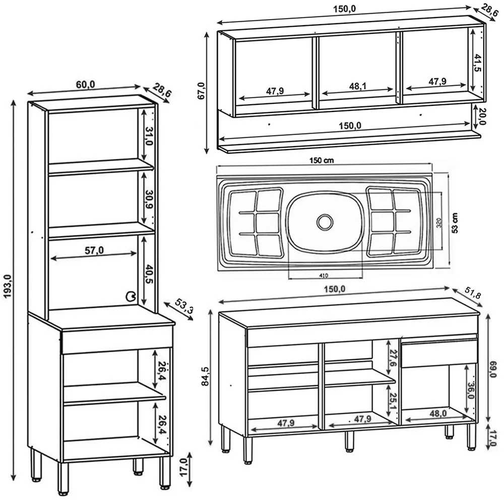 Armário de Cozinha 4 Peças Balcão 150cm com Pia Lina19 Z06 Gris/Freijó - Mpozenato