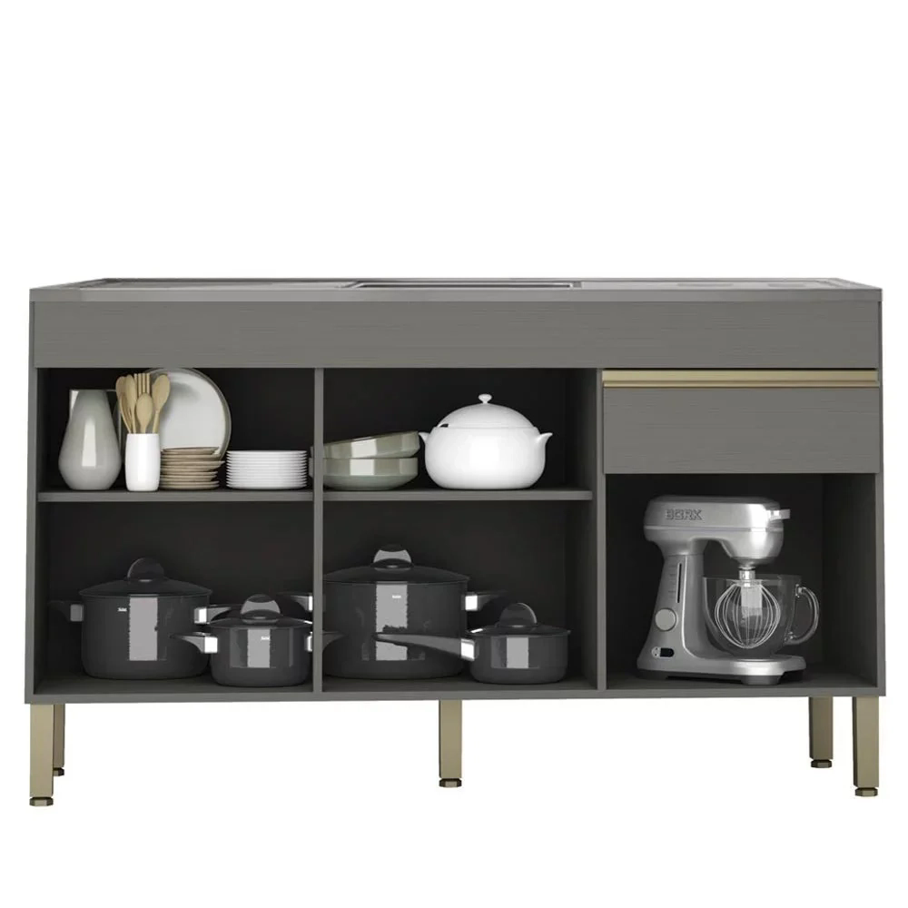 Armário de Cozinha 4 Peças Balcão 150cm com Pia Lina19 Z06 Gris/Freijó - Mpozenato