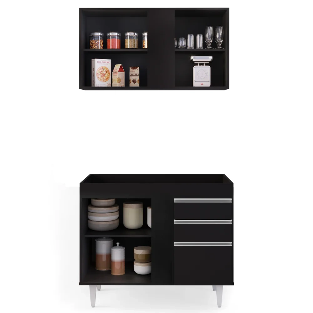 Armário Aéreo Indiana e Balcão Para Pia 100cm Luziania Preto - Lumil Móveis