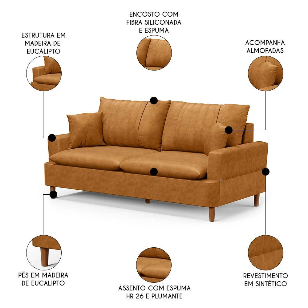 Sofá 3 Lugares 180cm Living Pés de Madeira Veras D05 Sintético Whisky - Mpozenato