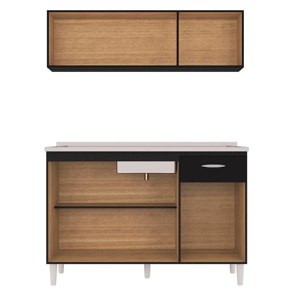 Armário Aéreo e Balcão de Cozinha com Pia Inox 120cm Classic Z46 Preto - Mpozenato