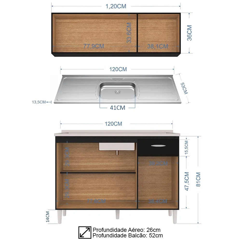 Armário Aéreo e Balcão de Cozinha com Pia Inox 120cm Classic Z46 Preto - Mpozenato