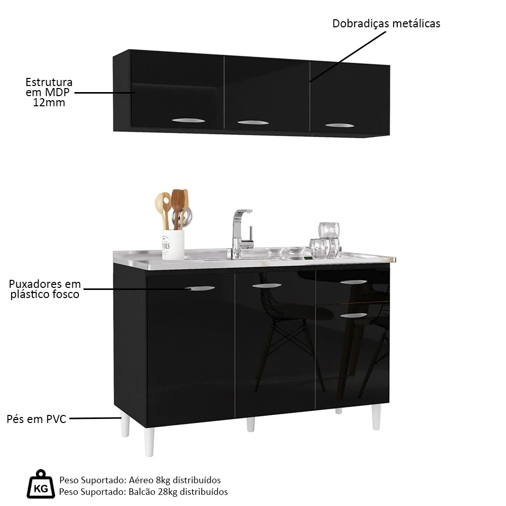 Armário Aéreo e Balcão de Cozinha com Pia Inox 120cm Classic Z46 Preto - Mpozenato