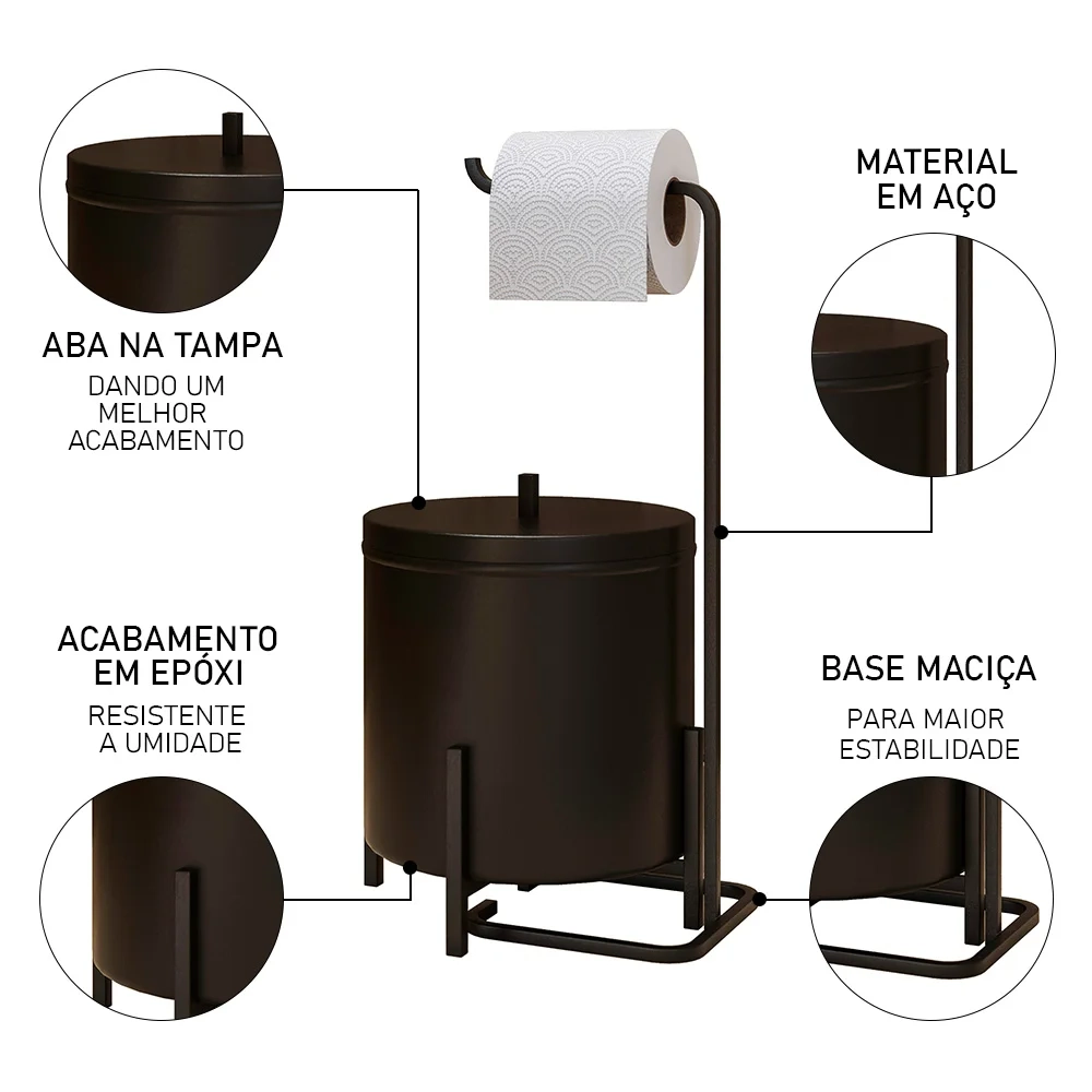 Lixeira e Porta Papel Higiênico de Chão Luxe em Aço D09 Preto - Mpozenato