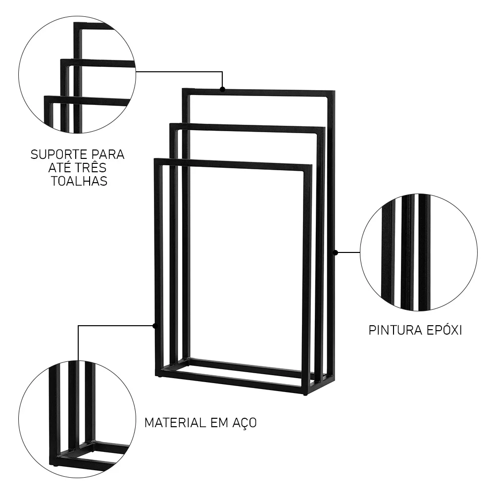 Toalheiro de Chão para Banheiro Luxe em Aço D09 Preto - Mpozenato