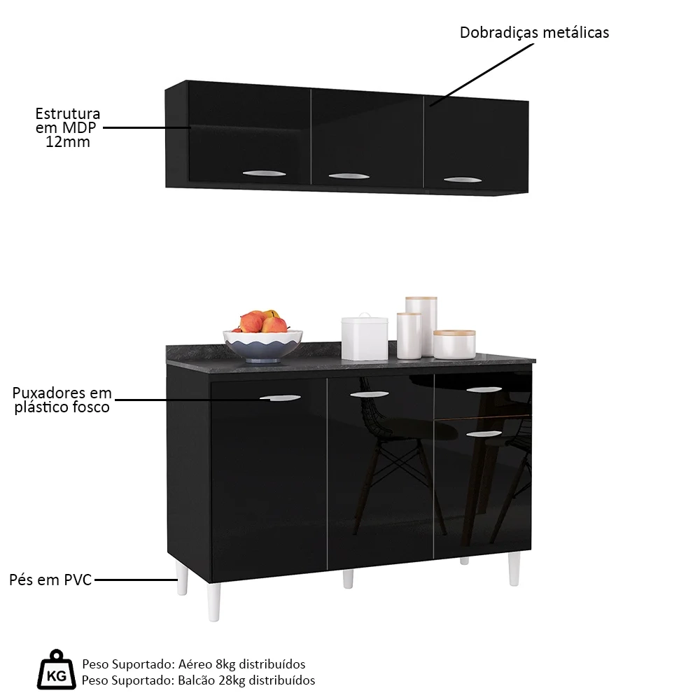 Armário Aéreo e Balcão de Cozinha 120cm com Tampo Classic Z46 Preto - Mpozenato