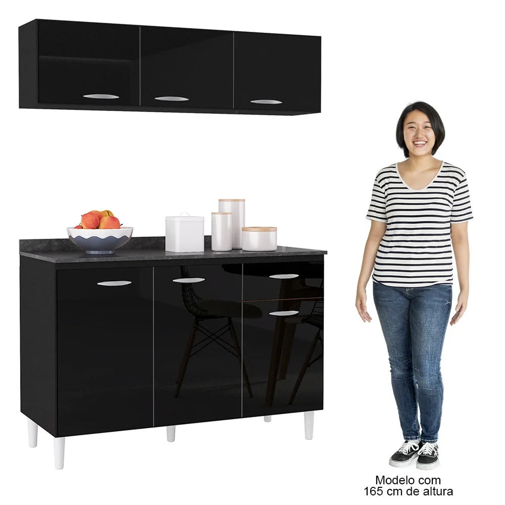 Armário Aéreo e Balcão de Cozinha 120cm com Tampo Classic Z46 Preto - Mpozenato