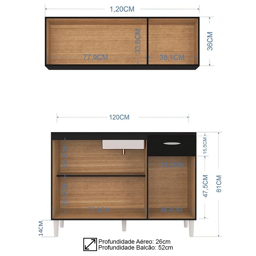 Armário Aéreo e Balcão de Cozinha 120cm com Tampo Classic Z46 Preto - Mpozenato