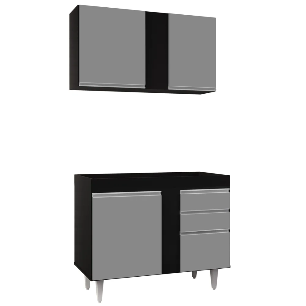 Armário Aéreo Indiana e Balcão Para Pia 100cm Luziania Preto/Cinza - Lumil Móveis