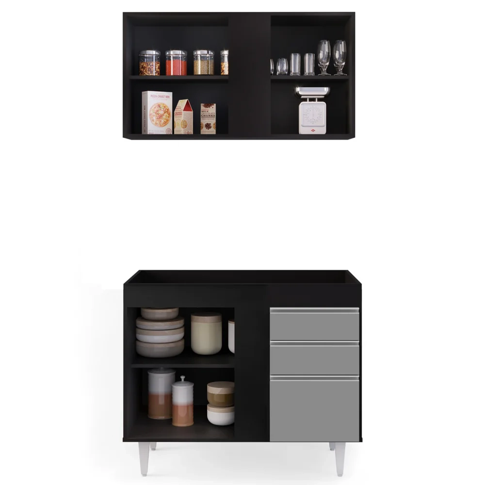 Armário Aéreo Indiana e Balcão Para Pia 100cm Luziania Preto/Cinza - Lumil Móveis