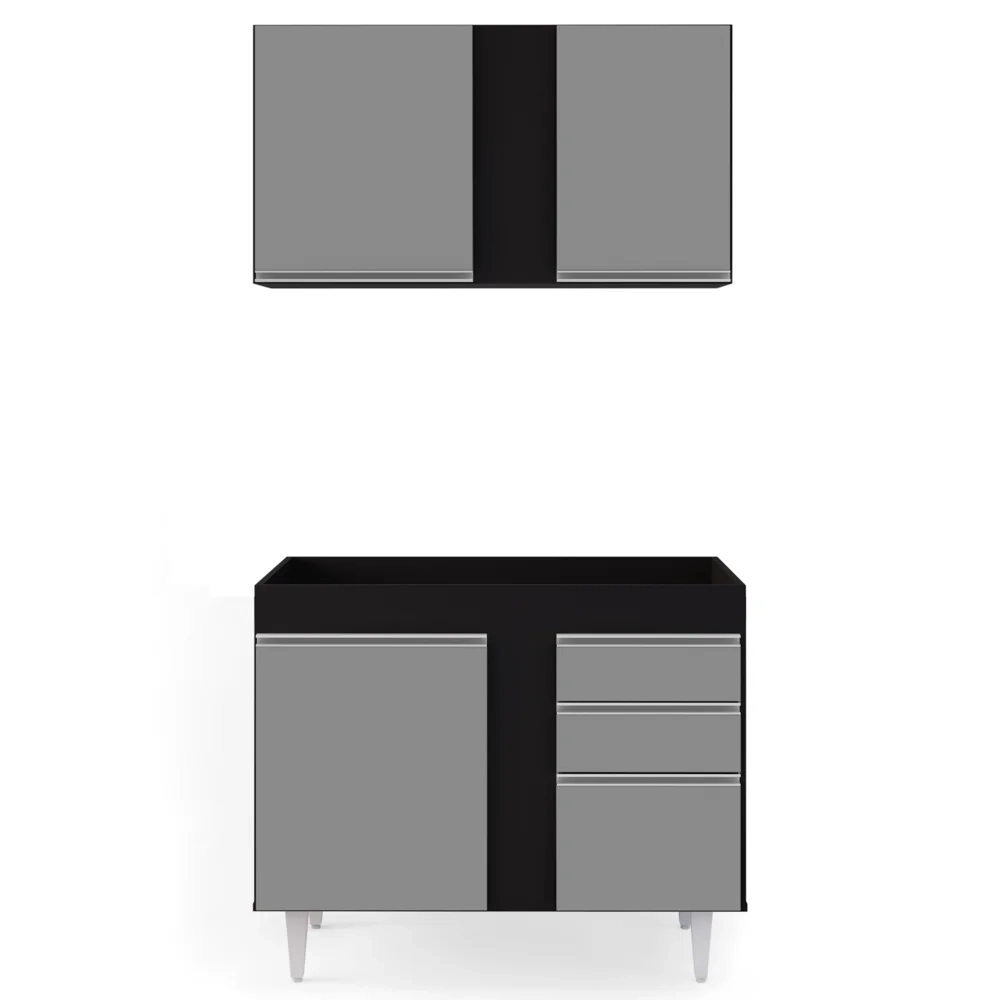 Armário Aéreo Indiana e Balcão Para Pia 100cm Luziania Preto/Cinza - Lumil Móveis