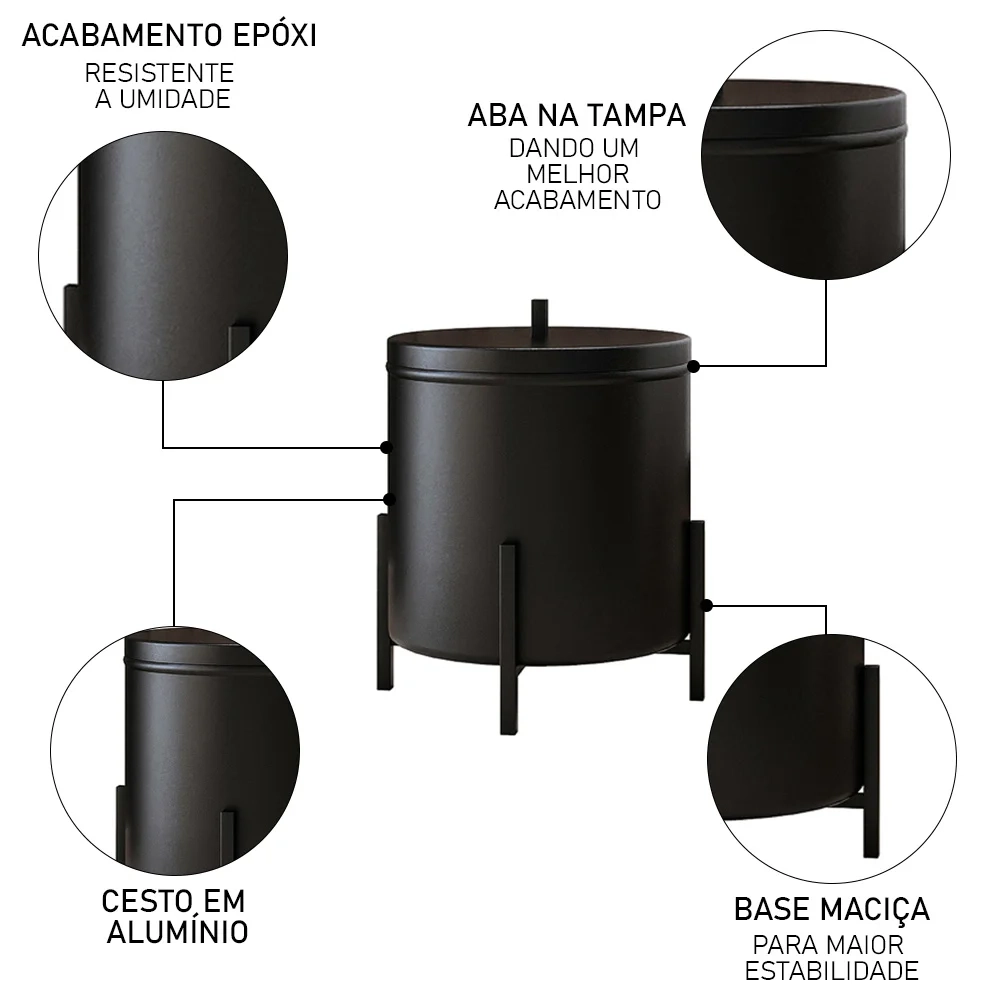 Lixeira e Porta Papel Higiênico com Base de Madeira Glam D09 Preto - Mpozenato