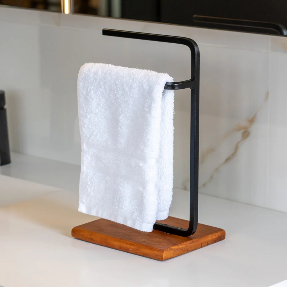 Lixeira e Porta Toalha Glam com Base de Madeira D09 Preto - Mpozenato