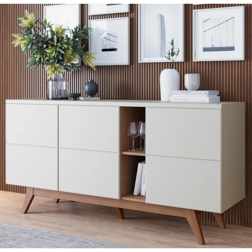 Balcão Buffet Com Cristaleira Rebeca C05 Off White/Freijó - Mpozenato