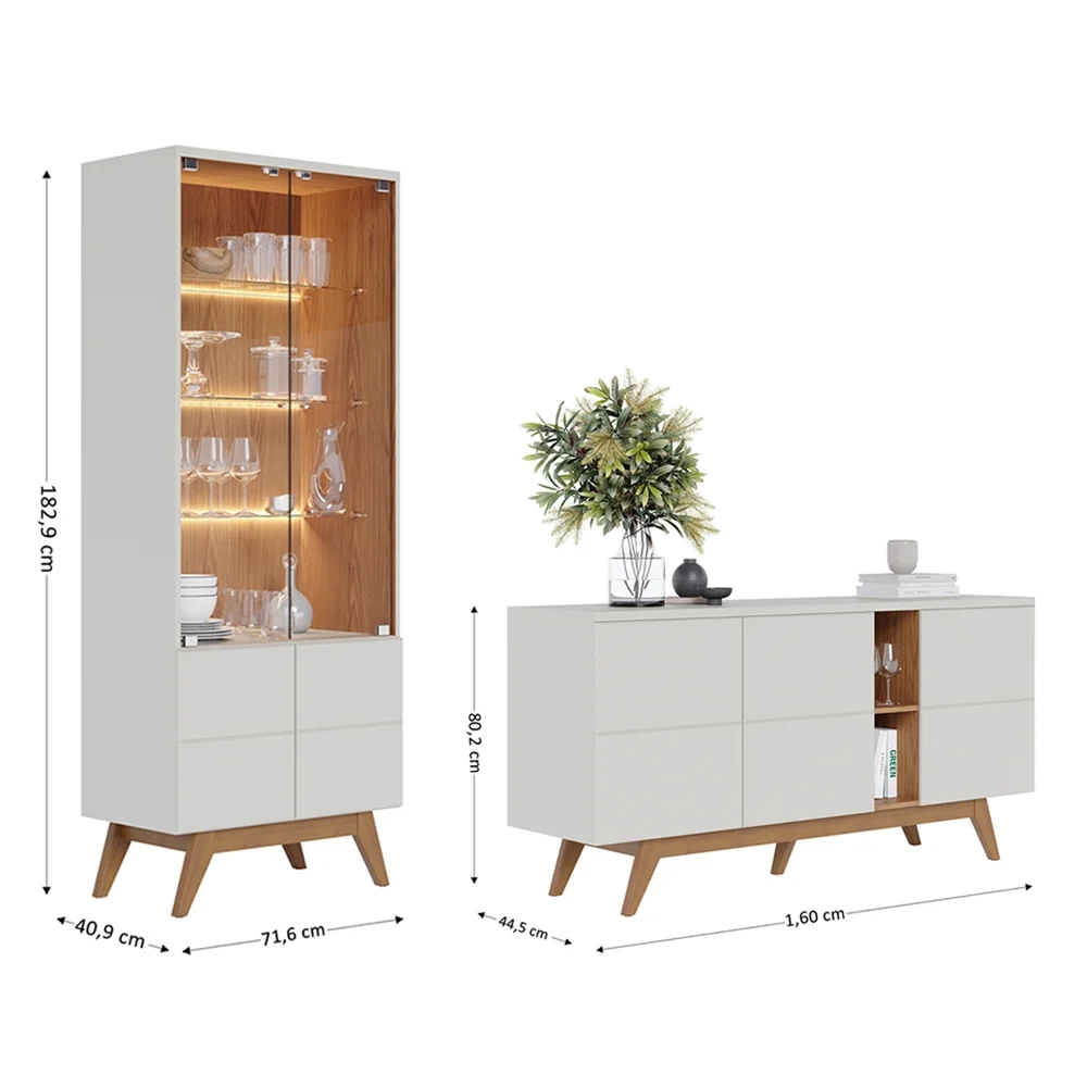 Balcão Buffet Com Cristaleira Rebeca C05 Off White/Freijó - Mpozenato