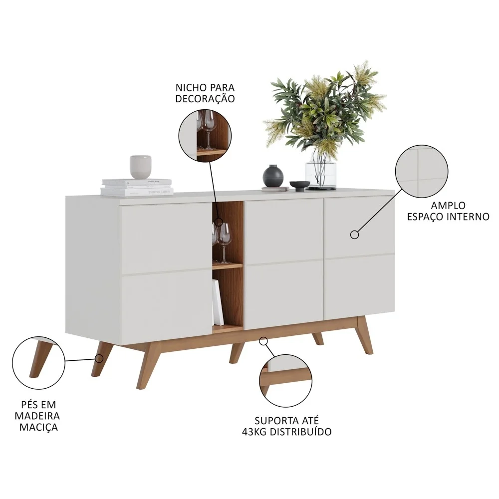 Balcão Buffet Com Cristaleira Rebeca C05 Off White/Freijó - Mpozenato