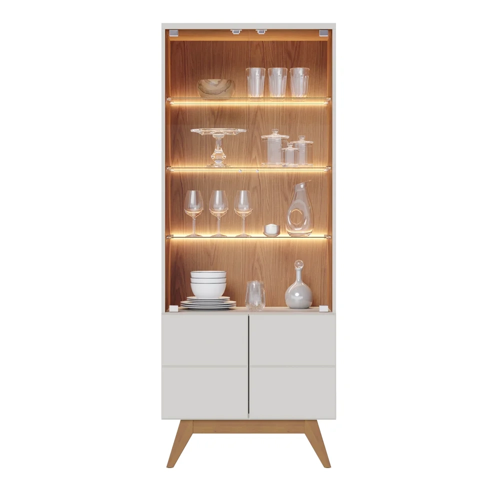 Cristaleira Com Portas de vidro e Led Rebeca C05 Off White/Freijó - Mpozenato