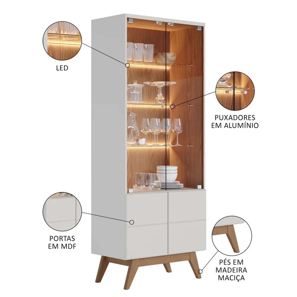Cristaleira Com Portas de vidro e Led Rebeca C05 Off White/Freijó - Mpozenato