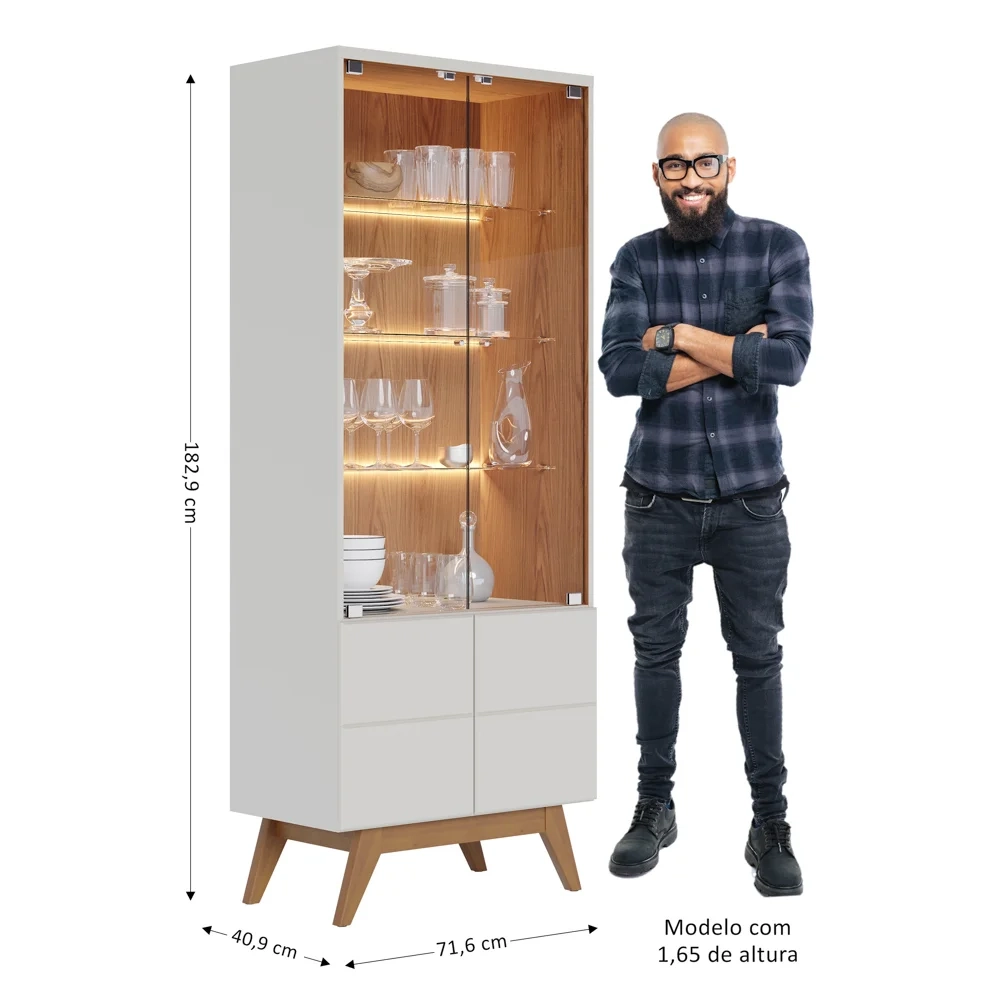 Cristaleira Com Portas de vidro e Led Rebeca C05 Off White/Freijó - Mpozenato