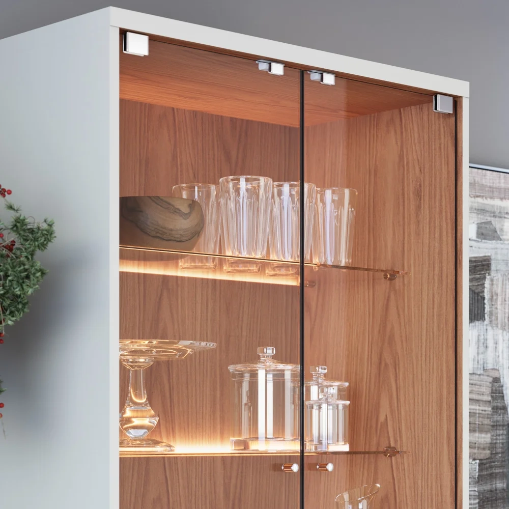 Cristaleira Com Portas de vidro e Led Rebeca C05 Off White/Freijó - Mpozenato