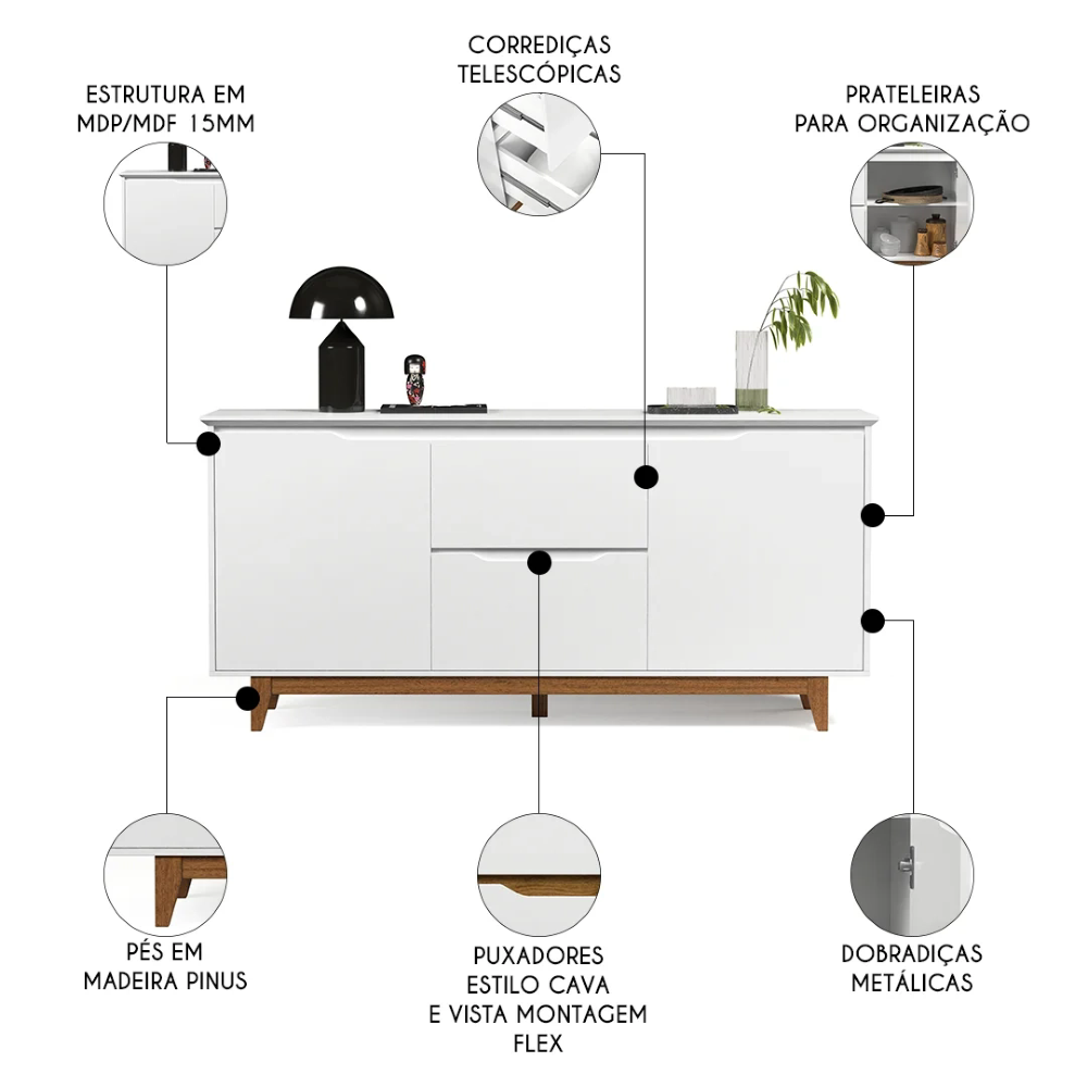 Buffet Aparador para Sala de Jantar 163cm Flow Branco - EJ Móveis